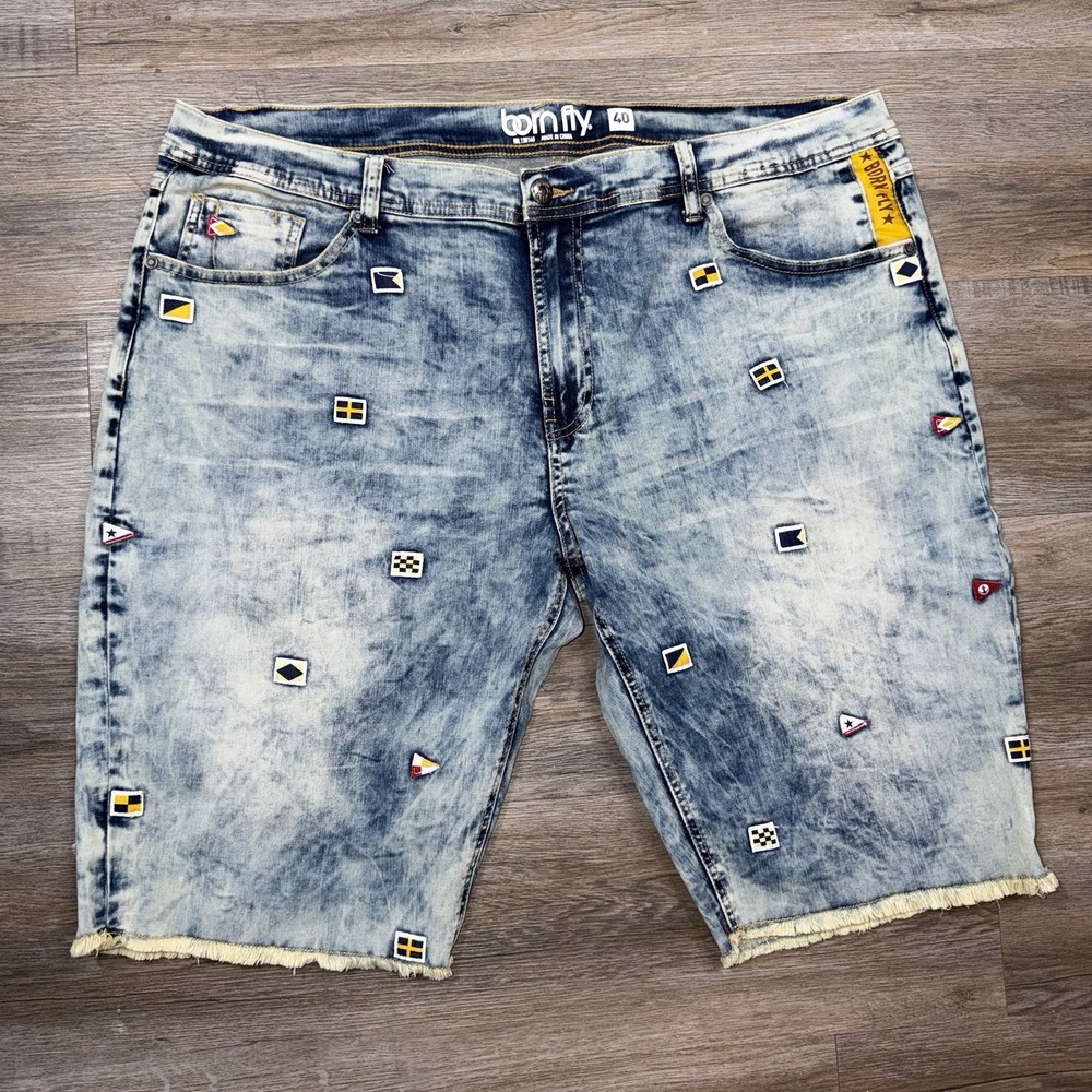 Born Fly Shorts Mens 40 Light Wash Denim w/ Nautical Flag Pattern Frayed Legs